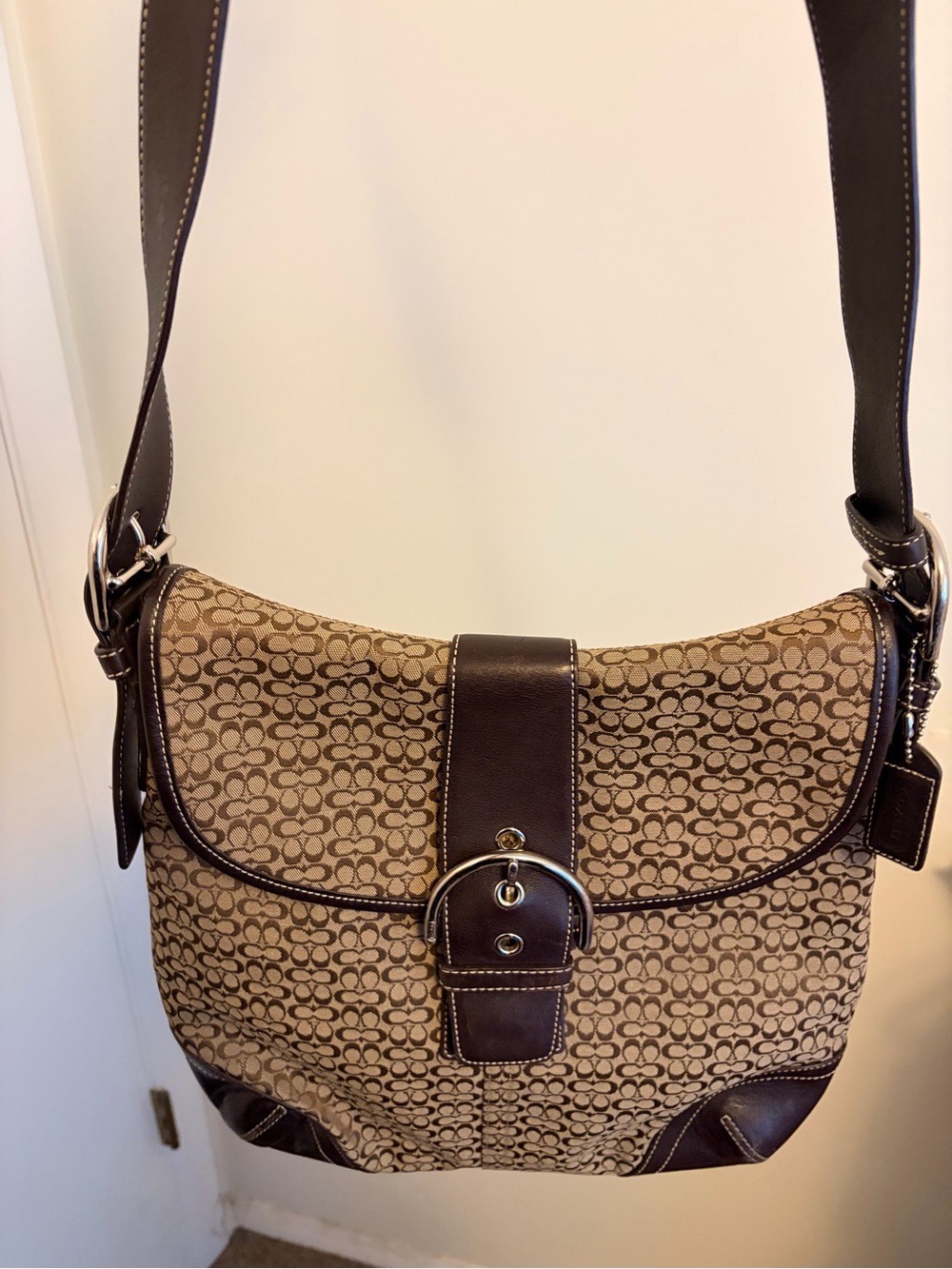 Vintage COACH Soho Signature Jacquard Flap Shoulder Bag Brown Leather 6376 Y2K